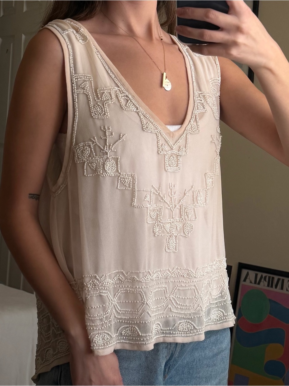 Vintage Free People Beaded V-Neck Sleeveless Top in Cream